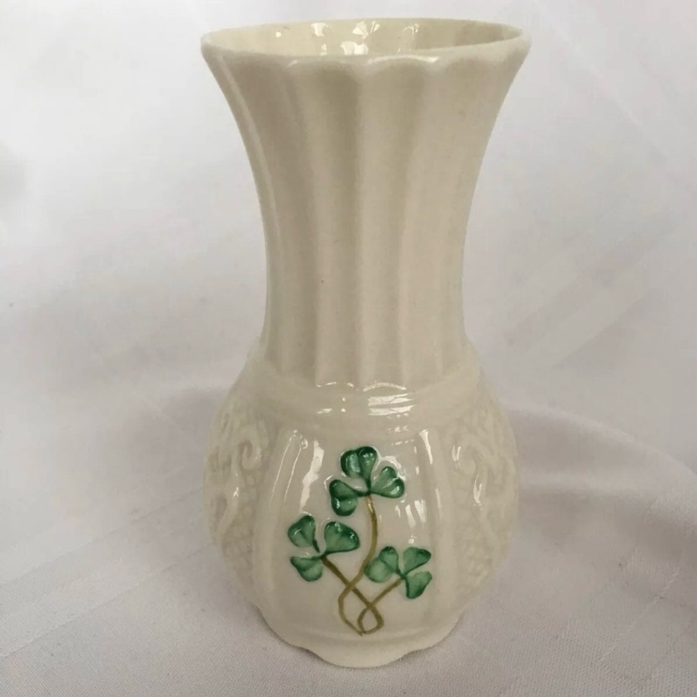 Belleek Porcelain Irish Spill Vase, Hand Painted Clovers